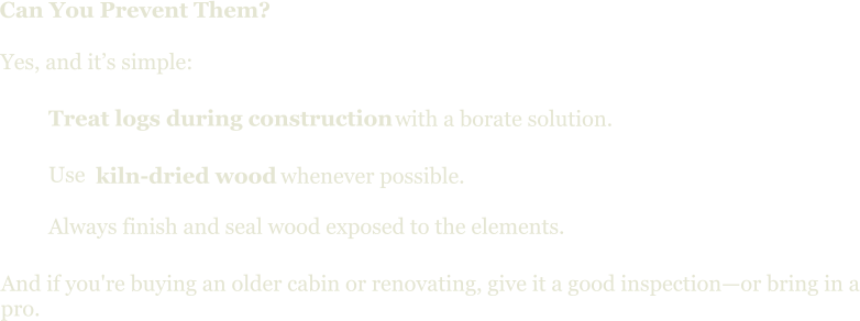 with a borate solution. kiln-dried wood  whenever possible. Can You Prevent Them? Yes, and it’s simple: Treat logs during construction Use  Always finish and seal wood exposed to the elements. And if you're buying an older cabin or renovating, give it a good inspection—or bring in a pro.