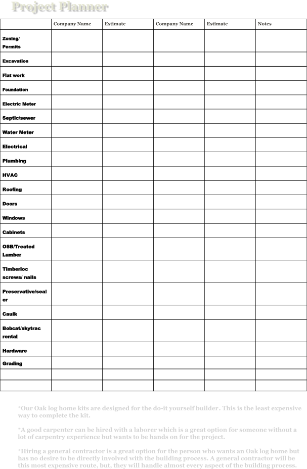Project Planner  *OurOak log home kits are designed for the do-it yourself builder. This is the least expensive way to complete the kit.   *A good carpenter can be hired with a laborer which is a great option for someone without a lot of carpentry experience but wants to be hands on for the project.  *Hiring a general contractor is a great option for the person who wants an Oak log home but has no desire to be directly involved with the building process. A general contractor will be this most expensive route, but, they will handle almost every aspect of the building process.  Company Name Estimate Company Name Estimate Notes Zoning/ Permits       Excavation      Flat work       Foundation       Electric Meter       Septic/sewer       Water Meter       Electrical       Plumbing       HVAC      Roofing      Doors       Windows       Cabinets      OSB/Treated Lumber       Timberloc screws/ nails       Preservative/sealer       Caulk      Bobcat/skytrac rental       Hardware      Grading