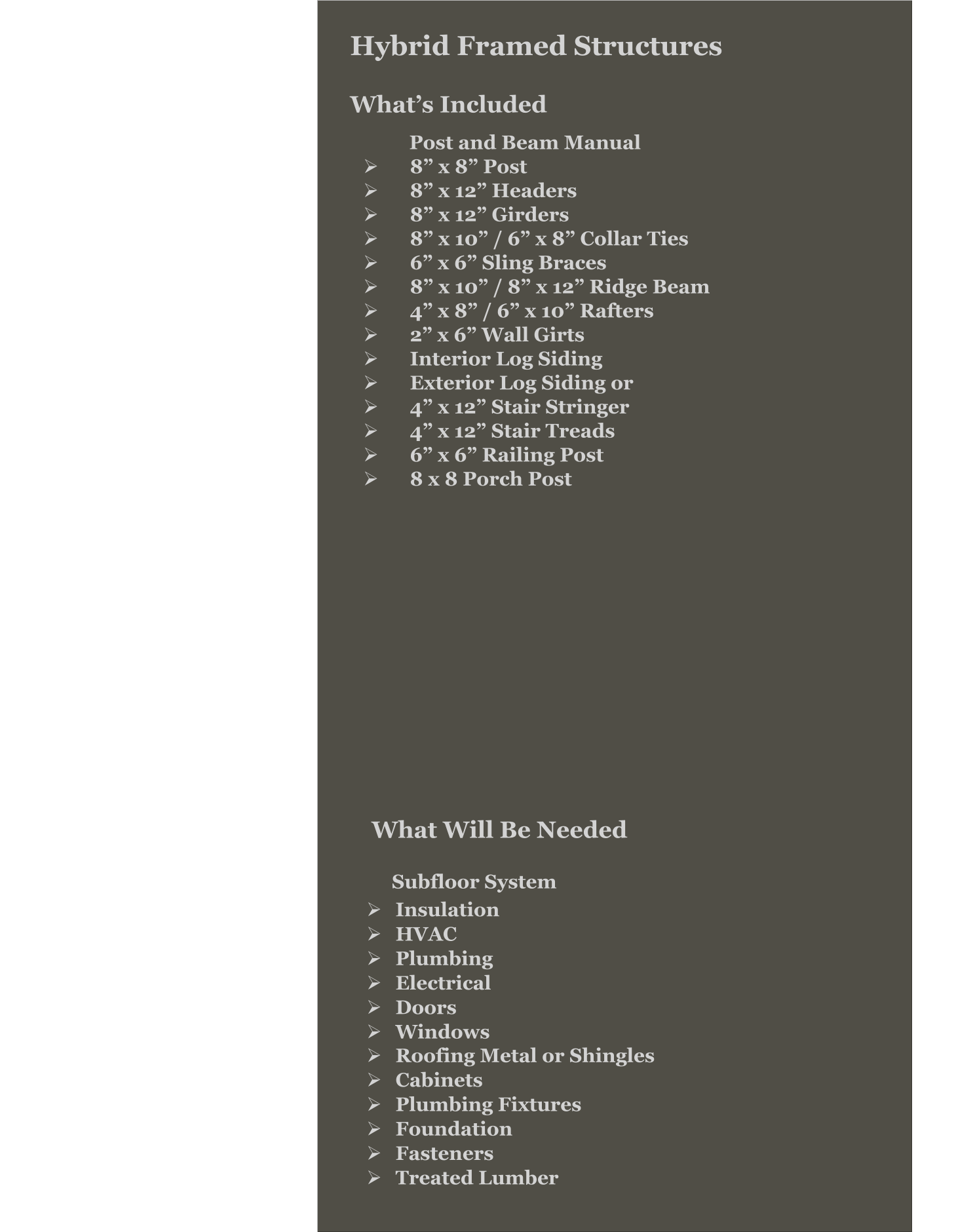Hybrid Framed Structures   What’s Included                             Post and Beam Manual  Ø	8” x 8” Post  Ø	8” x 12” Headers  Ø	8” x 12” Girders  Ø	8” x 10” / 6” x 8” Collar Ties  Ø	6” x 6” Sling Braces  Ø	8” x 10” / 8” x 12” Ridge Beam  Ø	4” x 8” / 6” x 10” Rafters  Ø	2” x 6” Wall Girts  Ø	Interior Log Siding Ø	Exterior Log Siding or  Ø	4” x 12” Stair Stringer  Ø	4” x 12” Stair Treads Ø	6” x 6” Railing Post  Ø	8 x 8 Porch Post Ø	Roofing Metal or Shingles  Ø	Cabinets  Ø	Plumbing Fixtures  Ø	Foundation  Ø	Fasteners Ø	Treated Lumber  Ø	Insulation  Ø	HVAC  Ø	Plumbing  Ø	Electrical  Ø	Doors  Ø	Windows  Subfloor System  	  What Will Be Needed
